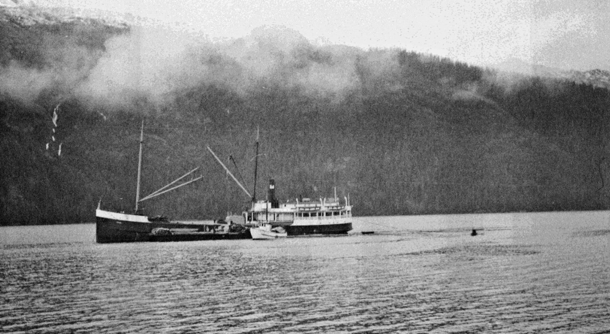 Early steamship in Pelican Alaska harbor, circa 1930s